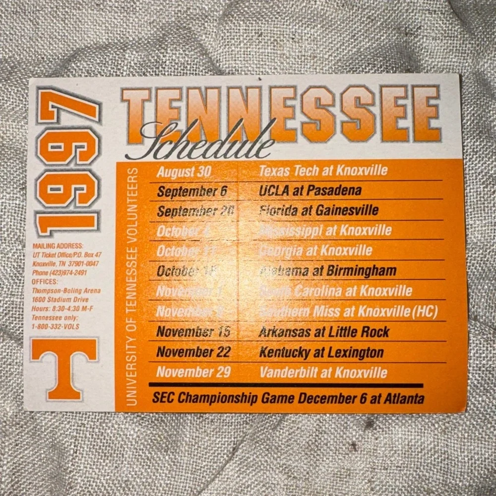 Tennessee Volunteers 1997 Schedule Card Peyton Manning and coach Phillip Fulmer